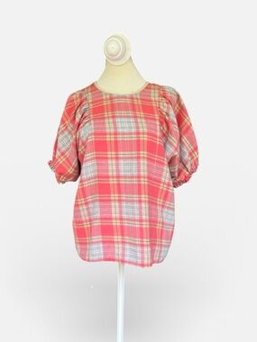 THML Puff Sleeve Tartan Plaid Top in Pink Combo Size Small